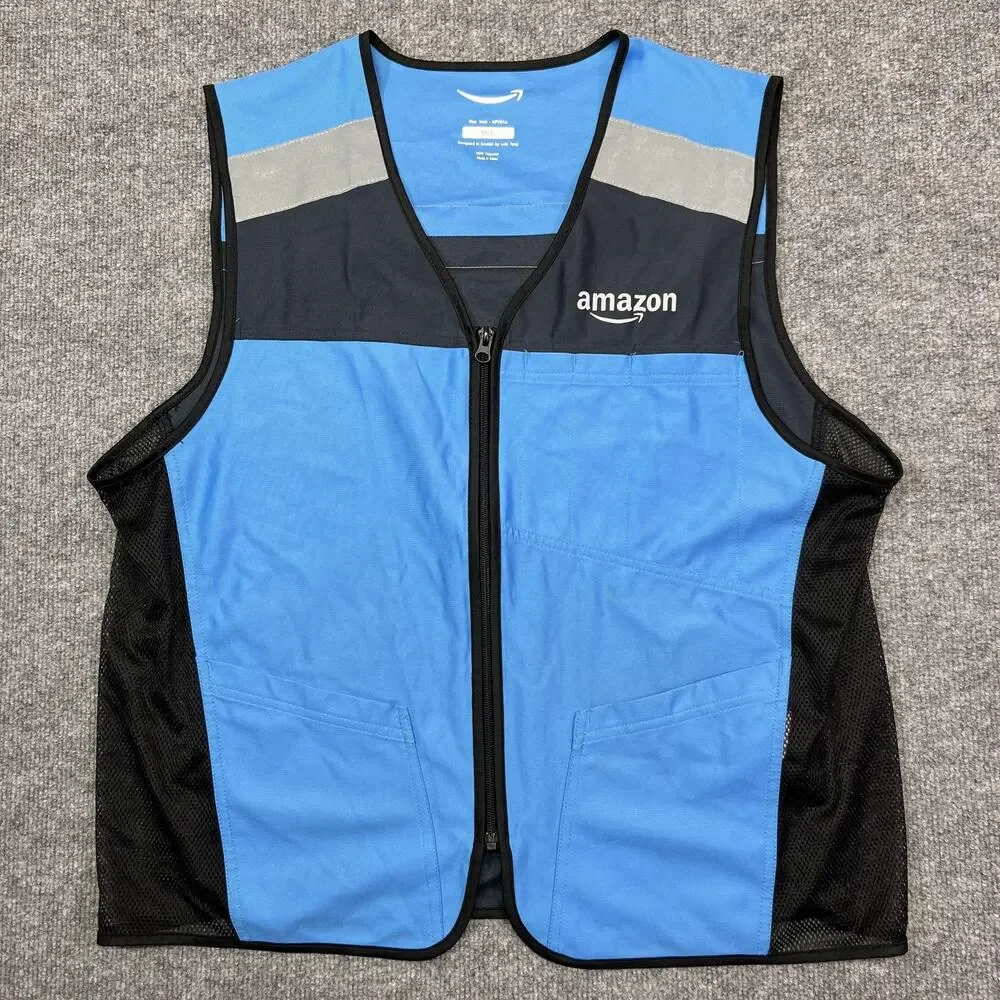 Amazon Flex Vest M/L Blue Black Reflective Zip Front Uniform Workwear Luly Yang